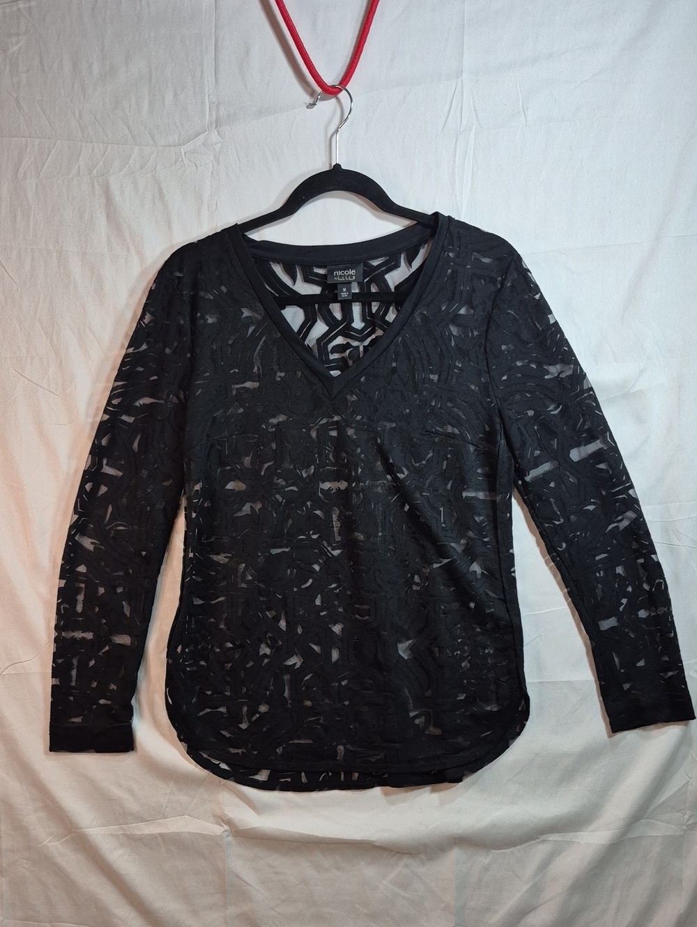 Nicole Miller Black V-Neck Long Sleeve Sheer Overlay Top